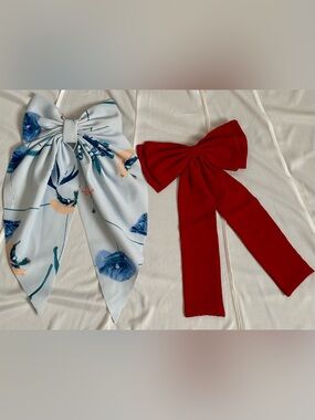 Floral Blue and Solid Red Decorative Ribbon Bows